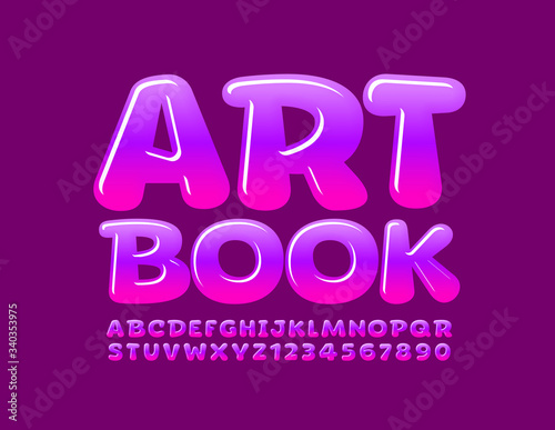 Vector bright logo Art Book with Glossy Font. Violet and Pink gradient Alphabet Letters and Numbers