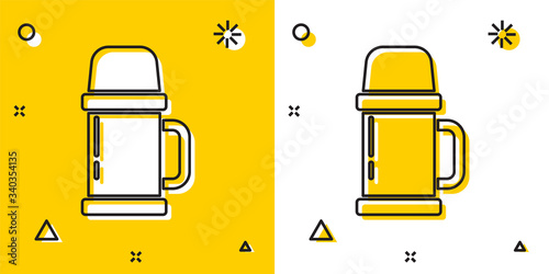 Black Thermos container icon isolated on yellow and white background. Thermo flask icon. Camping and hiking equipment. Random dynamic shapes. Vector Illustration