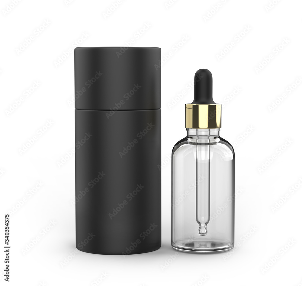 Blank dropper bottle with paper tube packaging for branding, 3d render illustration. Blank dropper bottle with paper tube packaging for branding, 3d render illustration.