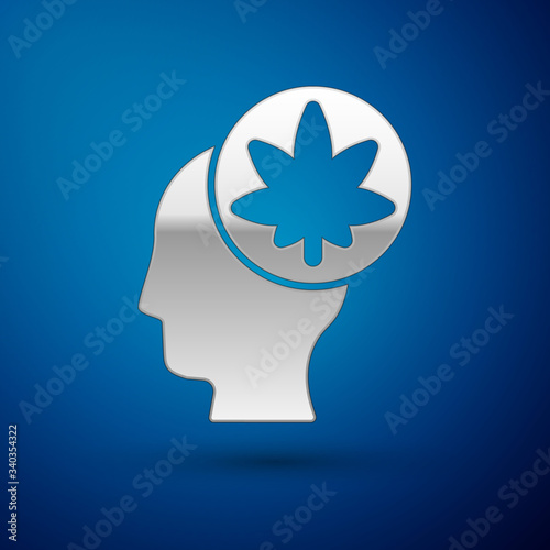 Silver Male head in profile with marijuana or cannabis leaf icon isolated on blue background. Marijuana legalization. Hemp symbol.  Vector Illustration