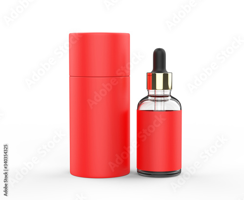 Blank dropper bottle with paper tube packaging for branding, 3d render illustration.