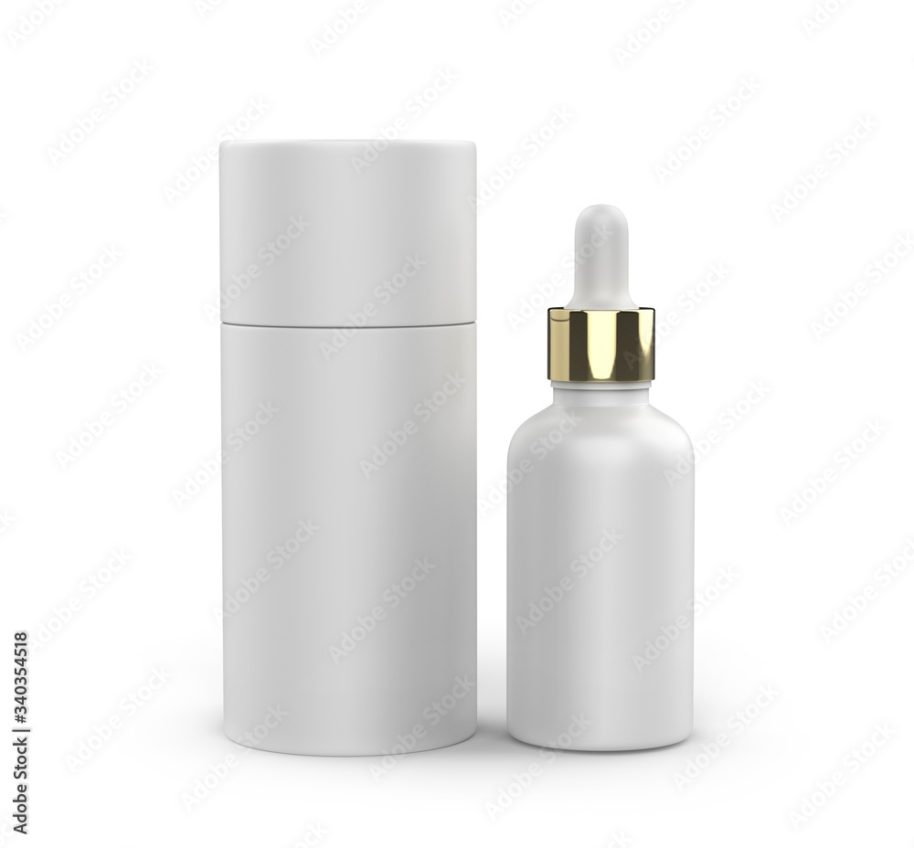 Blank dropper bottle with paper tube packaging for branding, 3d render illustration. Blank dropper bottle with paper tube packaging for branding, 3d render illustration.