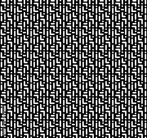 Memphis black white pattern as maze. Simple seamless pattern of geometry shapes. Abstract background, vector illustration.