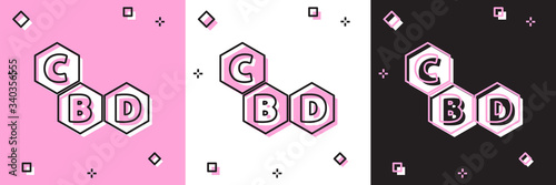 Set Cannabis molecule icon isolated on pink and white, black background. Cannabidiol molecular structures, THC and CBD formula. Marijuana sign.  Vector Illustration
