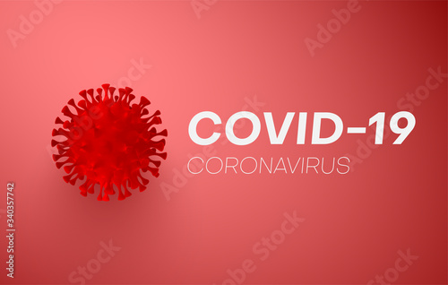 Coronavirus Covid-19. Background with realistic 3d red viral cells. danger symbol. Vector illustration.