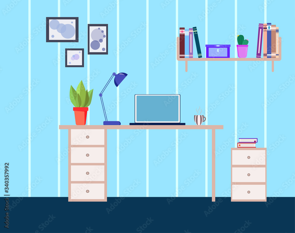 Laptop on table, lamp, plants, pictures, cup with tea, shelf with books, box. Work space at home. Flat isolated illustration of interior.  Striped blue wallpaper.