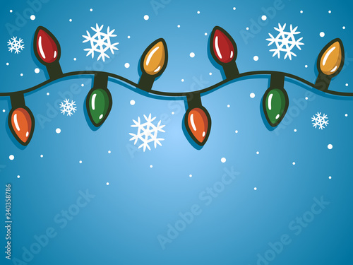Blue Christmas vector background with falling snowflakes and colorful lights (red, yellow, green, orange) in a cute style.