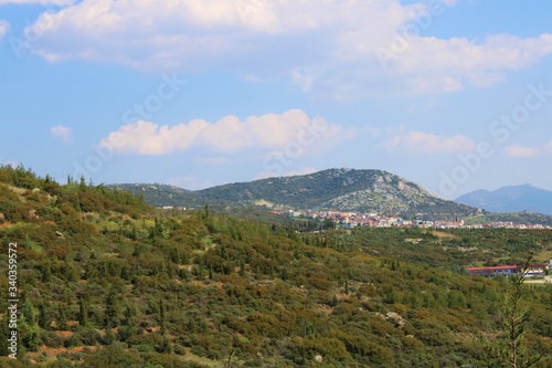 Green mountain side with trees and cloudy blue sunny sky