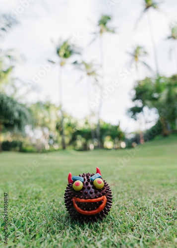 coronovirus model, abstract plastic massage ball model, molecule concept 2019-ncov, microcosm, a molecule in the green grass, a molecule-smile with eyes viciously laughs