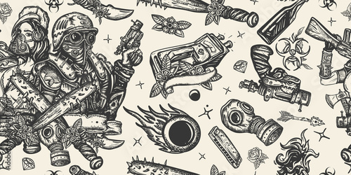 Post apocalypse seamless pattern. Old school tattoo style. Post apocalyptic man warrior, soldier woman in gas mask. Doomsday girl and gun. People and weapon of dark future. Survival background