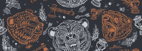 Bear head, seamless pattern. Old school tattoo art. Tourism symbol, adventure, great outdoor. Grizzly background