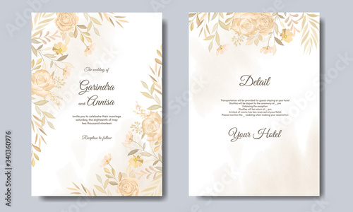 Beautiful wedding invitation card template set with floral and leaves frame Premium Vector