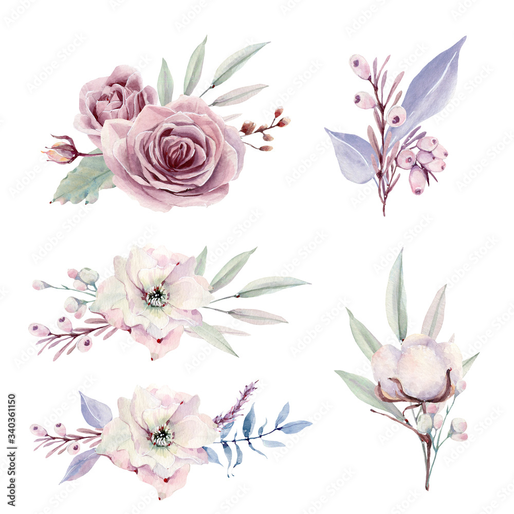 Watercolor flowers set in vintage style.