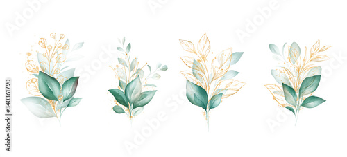 Watercolor floral illustration set. Green & gold leaves, branches, and glitter line art for wedding card, greeting, wallpaper, fashion, and background composition. Eucalytus and wild leaves design.