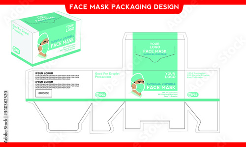 Disposable Face Mask Surgical Medical Dental Industrial Box Packaging Design Vector Illustration.
