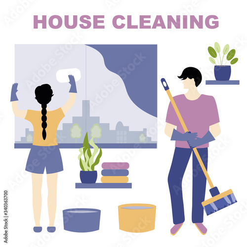 Quarantine, stay at home concept - people sitting at their home, Woman and man clean up their house