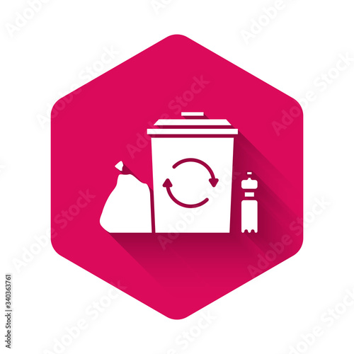 White Recycle bin with recycle symbol icon isolated with long shadow. Trash can icon. Garbage bin sign. Recycle basket. Pink hexagon button. Vector Illustration