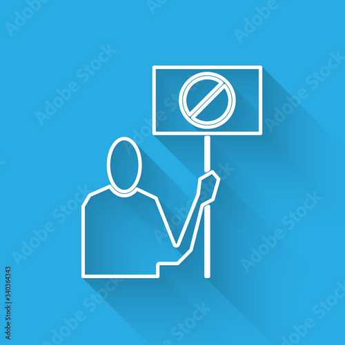 White line Nature saving protest icon isolated with long shadow. Earth planet protection, environmental issues demonstration.  Vector Illustration