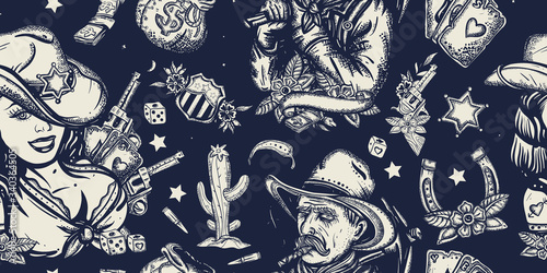 Wild West seamless pattern. Western background. Old school tattoo style. Cowboy girl and gold digger, guns, bags of money, playing card, golden horseshoe, USA map. American history art