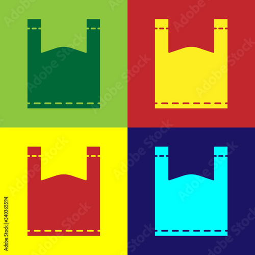 Pop art Plastic bag icon isolated on color background. Disposable cellophane and polythene package prohibition sign.  Vector Illustration