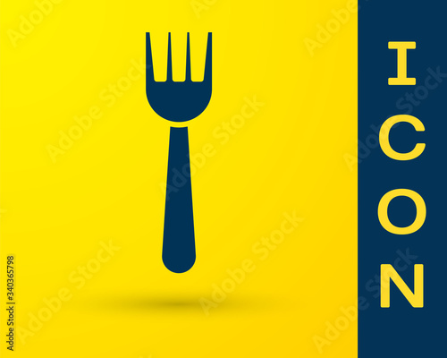 Blue Disposable plastic fork icon isolated on yellow background.  Vector Illustration