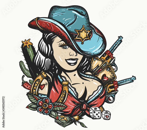 Cowboy girl pin up style. Sheriff woman in hat. Beautiful American woman in national clothes of USA. Wild West concept. Western art. Guns  playing cards and money. Tattoo and t-shirt design