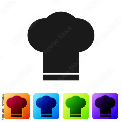Black Chef hat icon isolated on white background. Cooking symbol. Cooks hat. Set icons in color square buttons. Vector Illustration