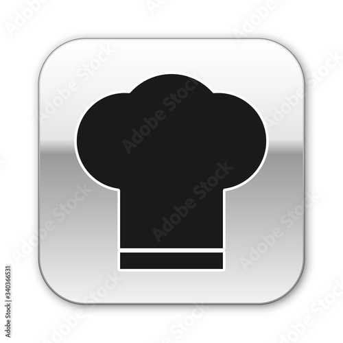 Black Chef hat icon isolated on white background. Cooking symbol. Cooks hat. Silver square button. Vector Illustration