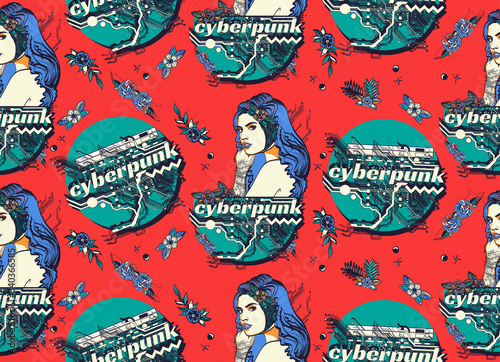 Cyberpunk seamless pattern. Cyborg girl and cybernetic world. Pop art style. Dark future  science fiction art