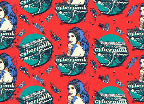 Cyberpunk seamless pattern. Cyborg girl and cybernetic world. Pop art style. Dark future, science fiction art