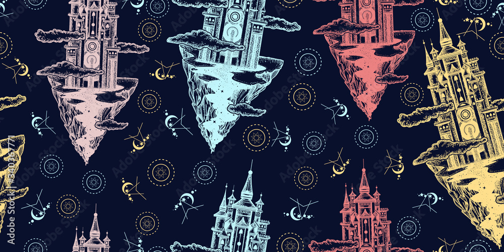 Flying castle on the mountain. Seamless pattern. Packing old paper, scrapbooking style. Vintage background. Medieval manuscript, engraving art. Symbol of the fairy tale, dream, magic