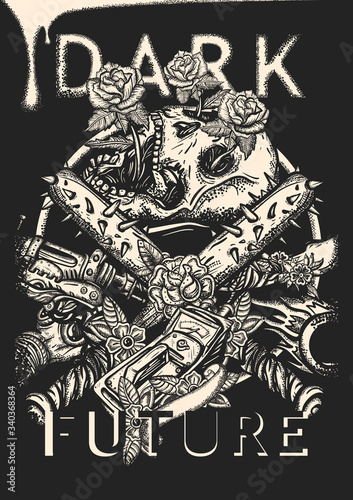 Post apocalypse poster. Dark future slogan. Skulls, roses, baseball bats with spikes, post apocalyptic weapons, gas mask, geiger counter. Game art. Survival print. Doomsday. Nuclear war, propaganda