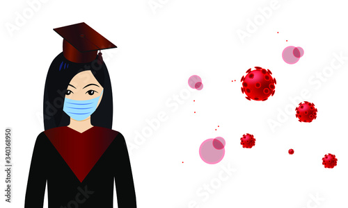 Class of 2020 year congratulation graduate. Vector illustration with students in medical mask and graduation text in academic cap photo