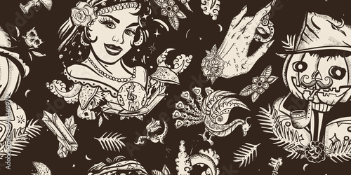 Halloween, vintage seamless pattern. Old school tattoo style. Dark gothic fairy tale background. Witch woman, gypsy, crystal ball, Jack O' Lantern and occult hands