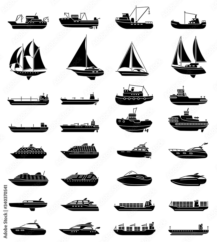 Ships and boats set. Barge and cargo ship, tanker, sailing vessel, cruise liner, tugboat, fishing and speed boat.