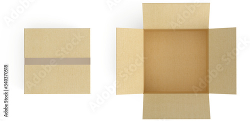 Top View of empty closed and open cardboard box. Isolated on white background. 3d rendering