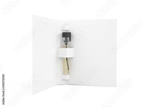 Perfume glass tester vial with blank paper cover for you design template. Isolated on white background. 3d rendering