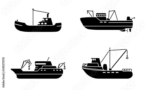 Set of fishing ships. Sea trawler vessel. Fishing boats side view.