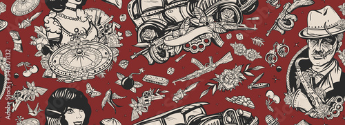 Mafia. Seamless pattern. Crime boss plays saxophone, bandits weapons, croupier pin up girl, casino, cabaret, gangster car, robbers. Noir criminal movie background. Traditional tattooing style