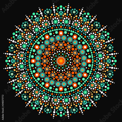 Spot painting point to point. Abstract design of mandala in dot paint style. Aboriginal-style dot painting. Yoga t shirt design