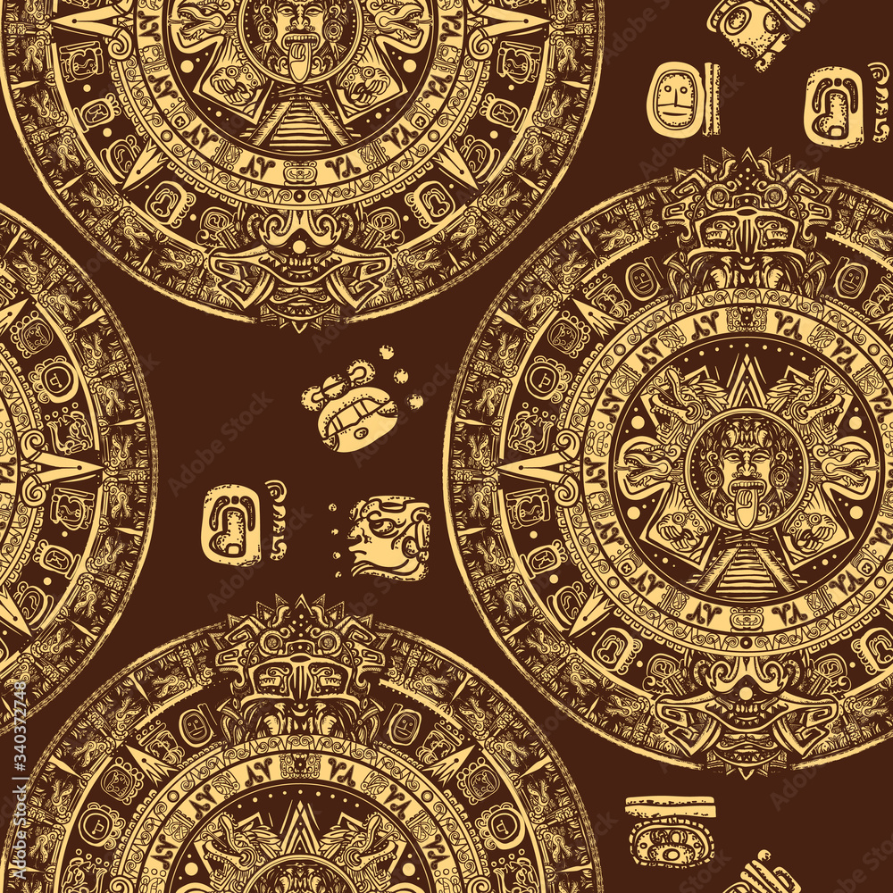 Aztec sun stone seamless pattern. Mayan calendar. Mexican mesoamerican monolith. Totem. Ancient hieroglyph signs and symbols