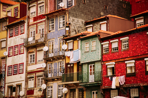 Beautiful historic colorful buildings in the old town of Ribeira in the city of Porto, Portugal