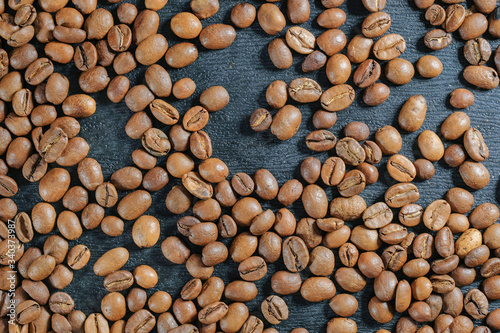Background of roasted coffee beans  close up. Top view.