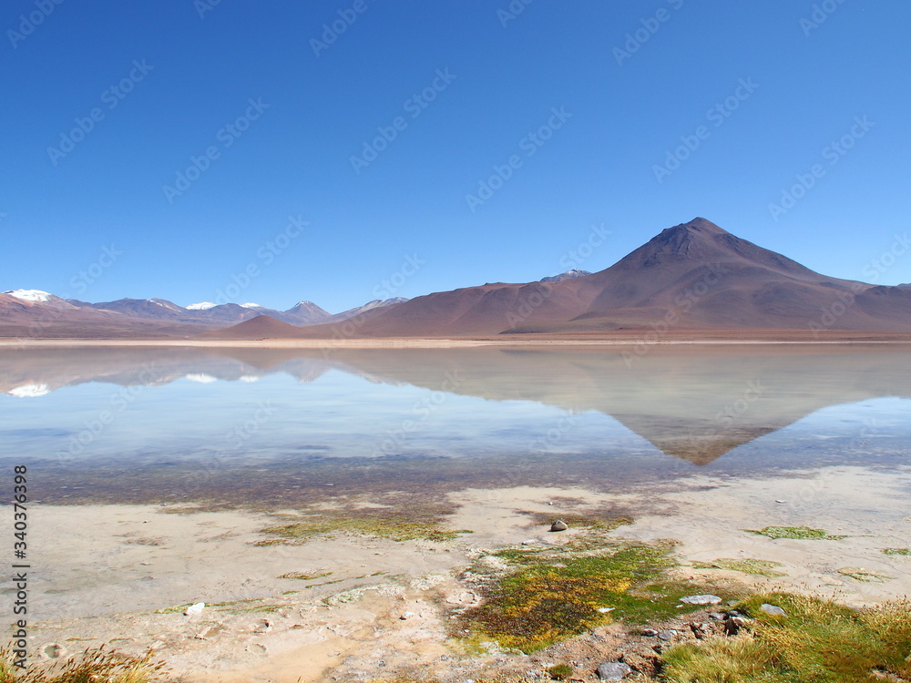 Salt lake Laguna Blanca in the Potosi Department, Bolivia. Copy space for text