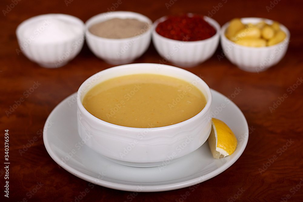 excellent turkish food lentil soup spicy close up on wooden table excellent turkish food lentil soup spicy close up on wooden table