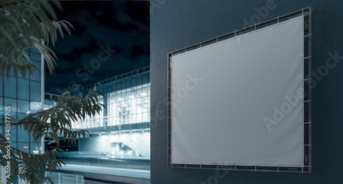 Blank White Outdoor Horizontal Vinyl Textile Banner at Gray Wall Neat Metro Station. Copy Space. 3d rendering