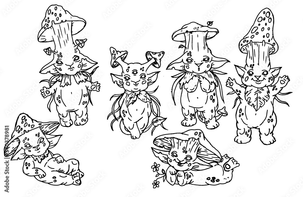Cartoon fairytale characters, magic funny kids, cute small mushrooms in different hats and poses, with flowers and leaves, chubby cheeks and pointed ears, with tails and short paws, set concept art.