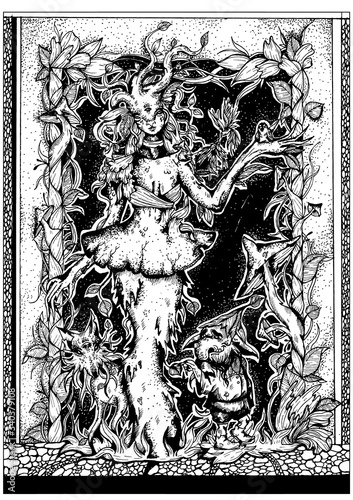 Fairytale character, friendly mushroom girl in a dress with a leaves and sprouts on the body, with little bird on a hand, grows from the ground covered with soft grass next to a magic fox and gnome.