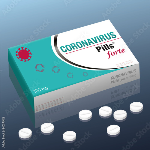 Coronavirus pills, a medical fake package product concerning covid 19 infection, symbolic for business of big pharma industry. Isolated vector illustration on white background.
