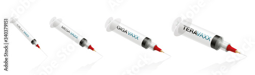 Anti vaxxer syringes, different sizes for simple vaccination and extensive global coronavirus immunization. Vector illustration on white background.
